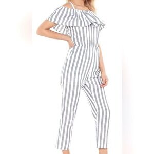 Sweewe Paris Striped Off Shoulder Ruffle Jumpsuit S NWT Coastal French Girl Gray